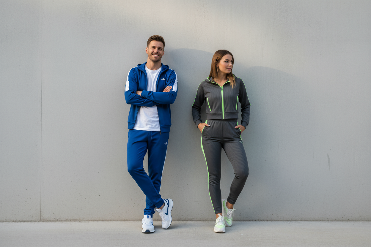 a man and woman standing in front of wall wearing tracksuit 16:9 aspect ratio